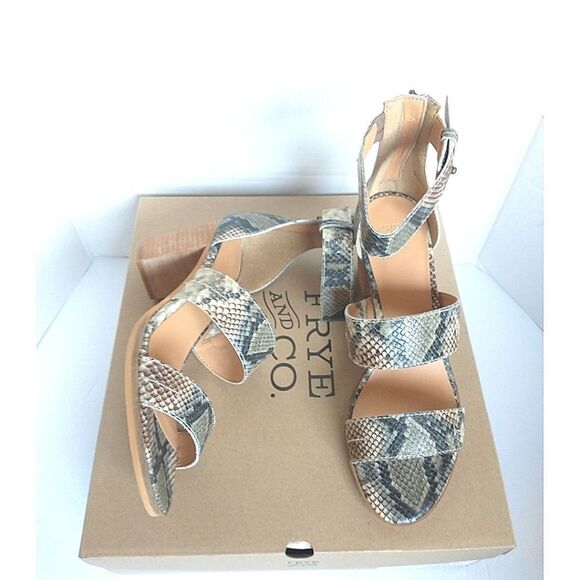 New! FRYE Bryn Stitch Snakeprint Leather Sandals Open-Toe Shoe 3 inch Block Heel - Picture 7 of 11